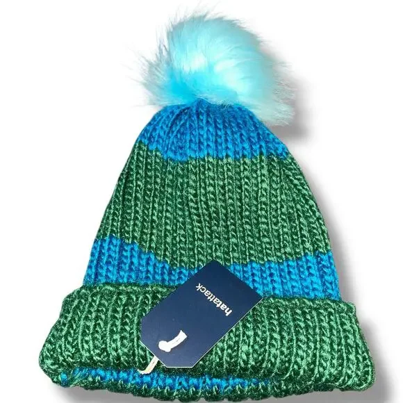 Hat Attack Happy Stripes Beanie Hat Blue Green Knit Faux Fur Pom-Pom OS Winter - Picture 3 of 9
